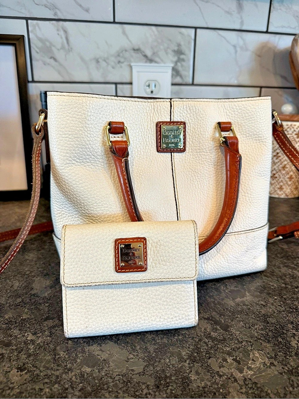 Dooney & Bourke Pebble Grain Small Tote in White & Brown w/ Matching Wallet - Picture 3 of 7
